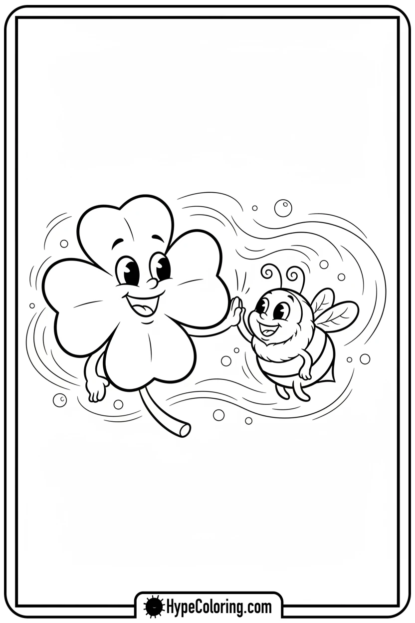 clover-high-fiving-a-bumblebee - four leaf clover coloring page