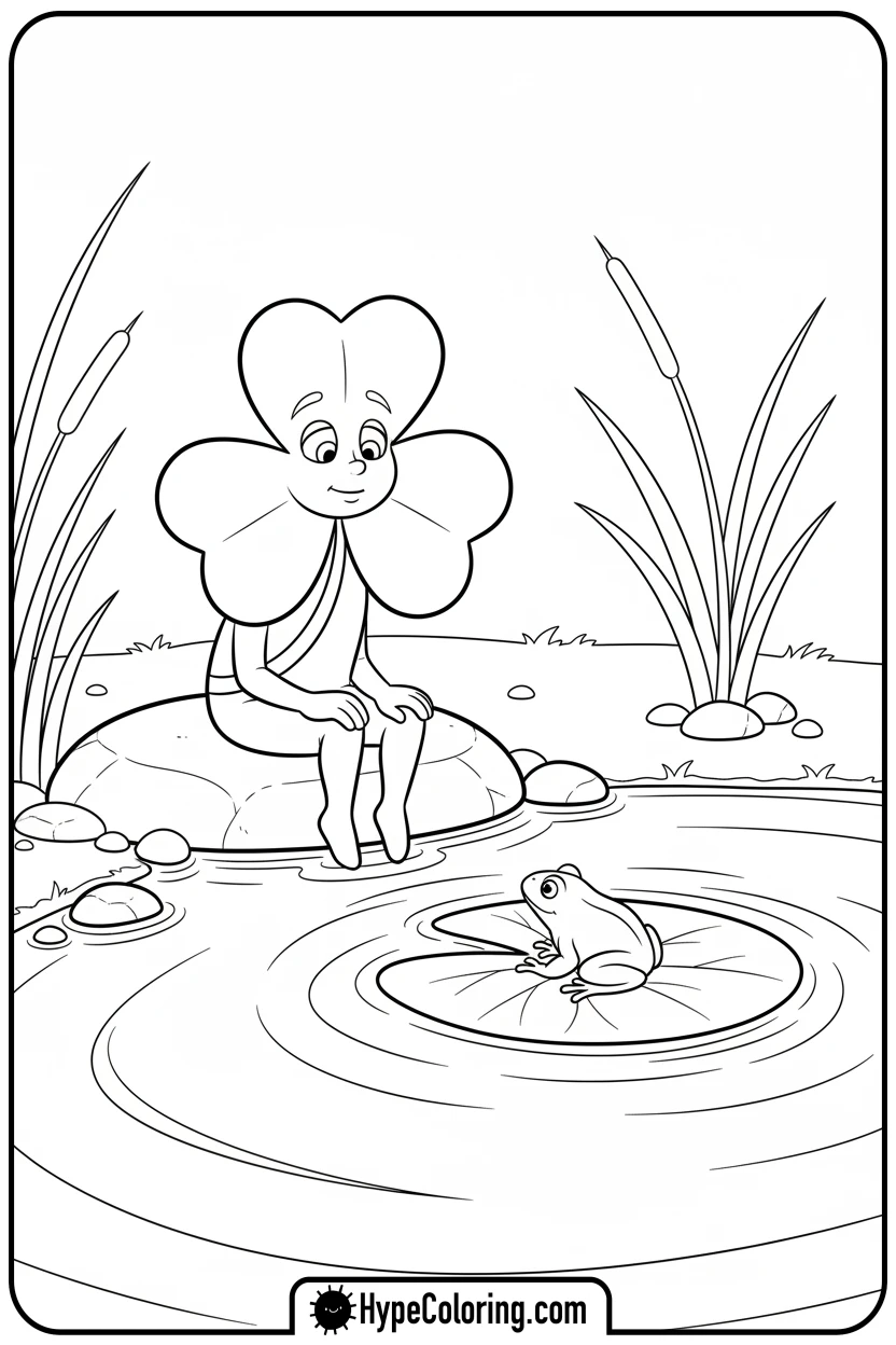 clover-by-pond-watching-frog - four leaf clover coloring page