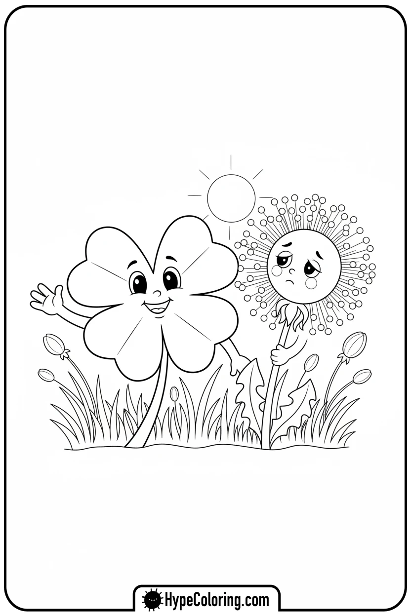 clover-greeting-a-dandelion - four leaf clover coloring page
