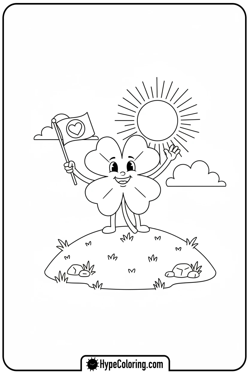 clover-on-a-hill-with-a-flag - four leaf clover coloring page