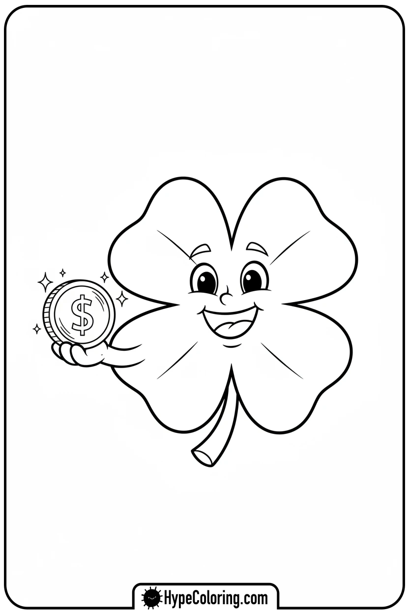 clover-holding-a-gold-coin - four leaf clover coloring page