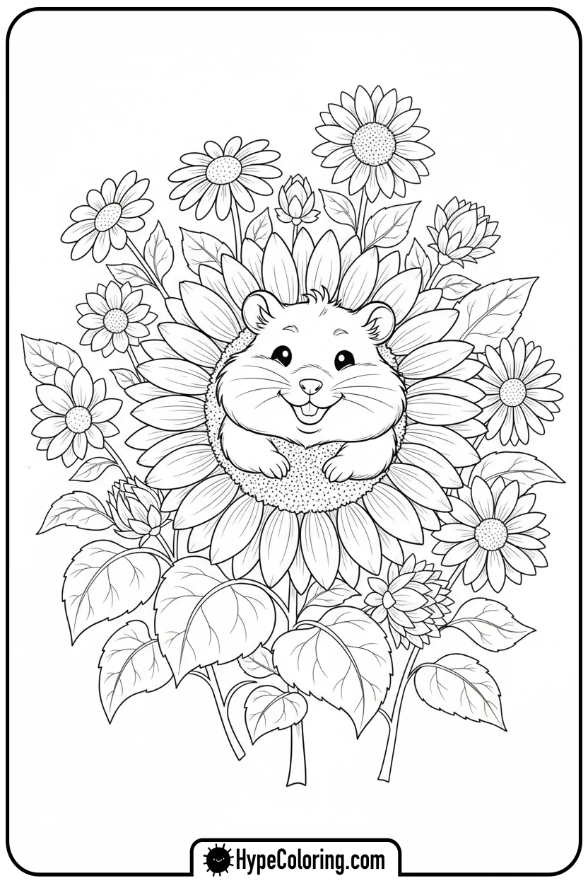 hamster-peeking-from-sunflower - hamster coloring page