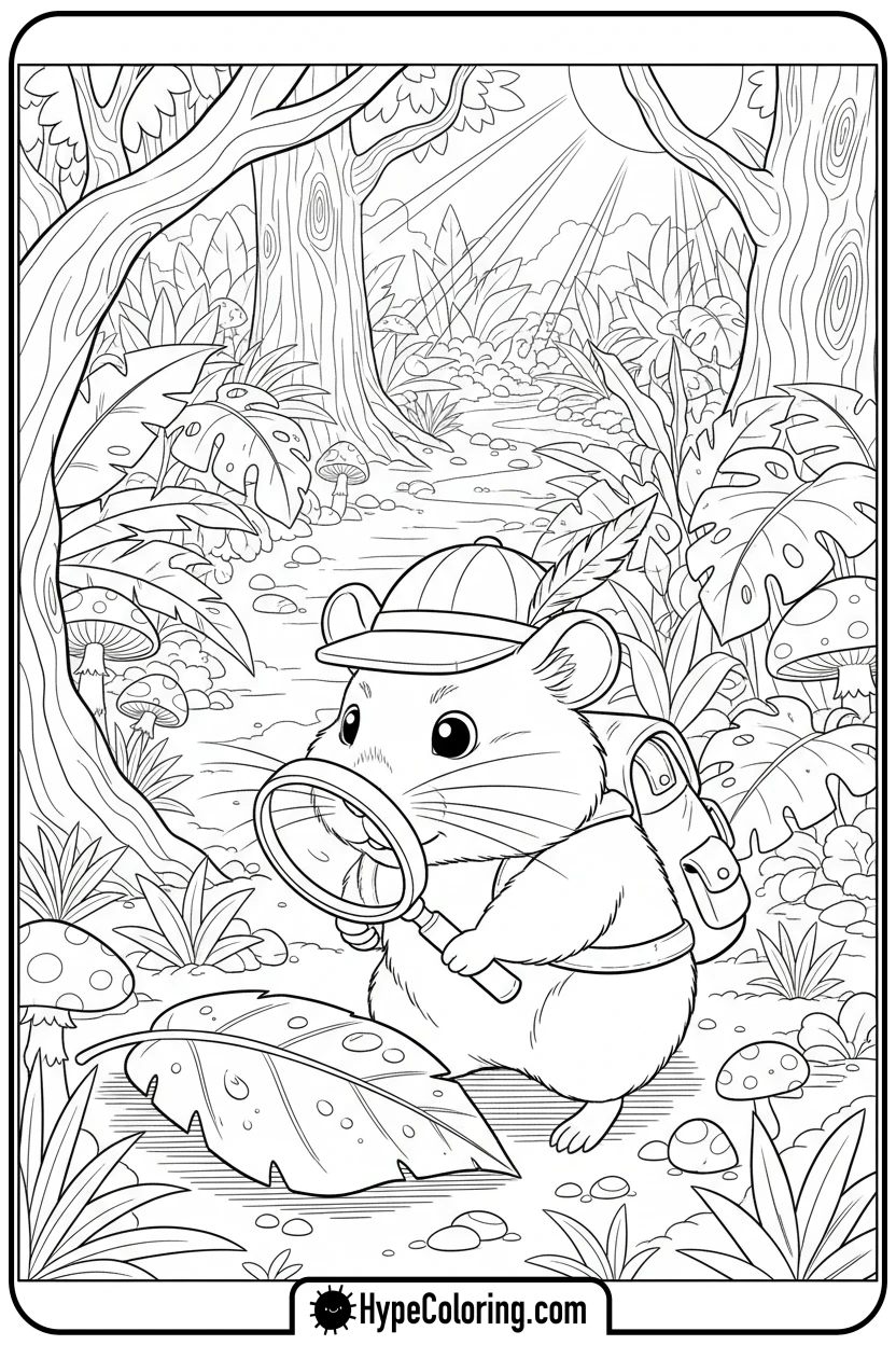 explorer-hamster-with-magnifying-glass - hamster coloring page