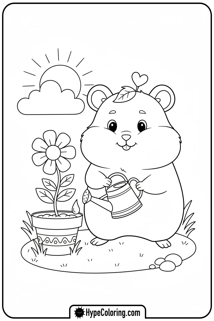 hamster-watering-flower - hamster coloring page