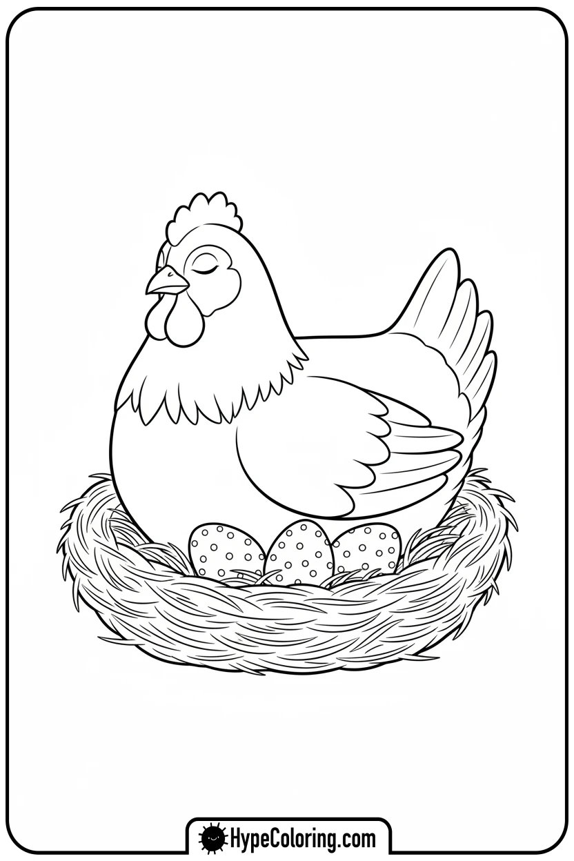 hen-on-nest-with-eggs - hen coloring page