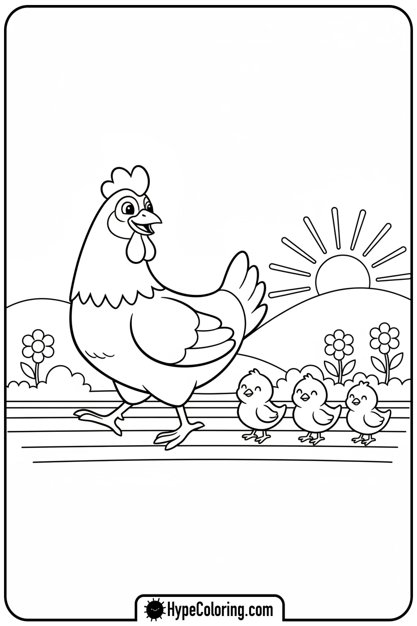 hen-with-three-chicks - hen coloring page