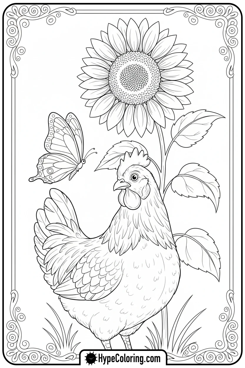 hen-watching-a-butterfly - hen coloring page