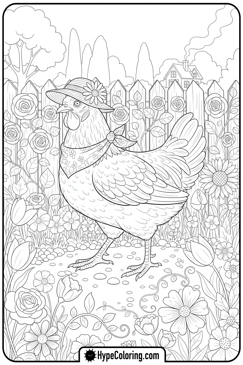 hen-in-sun-hat-in-garden - hen coloring page