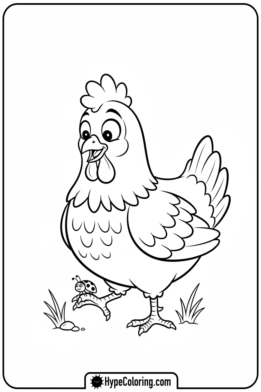 surprised-hen-with-ladybug - hen coloring page