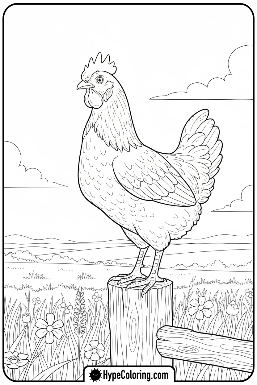 hen-on-a-fence-post - hen coloring page