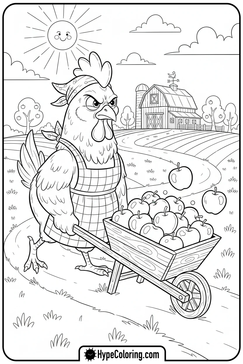 hen-pushing-apple-wheelbarrow - hen coloring page