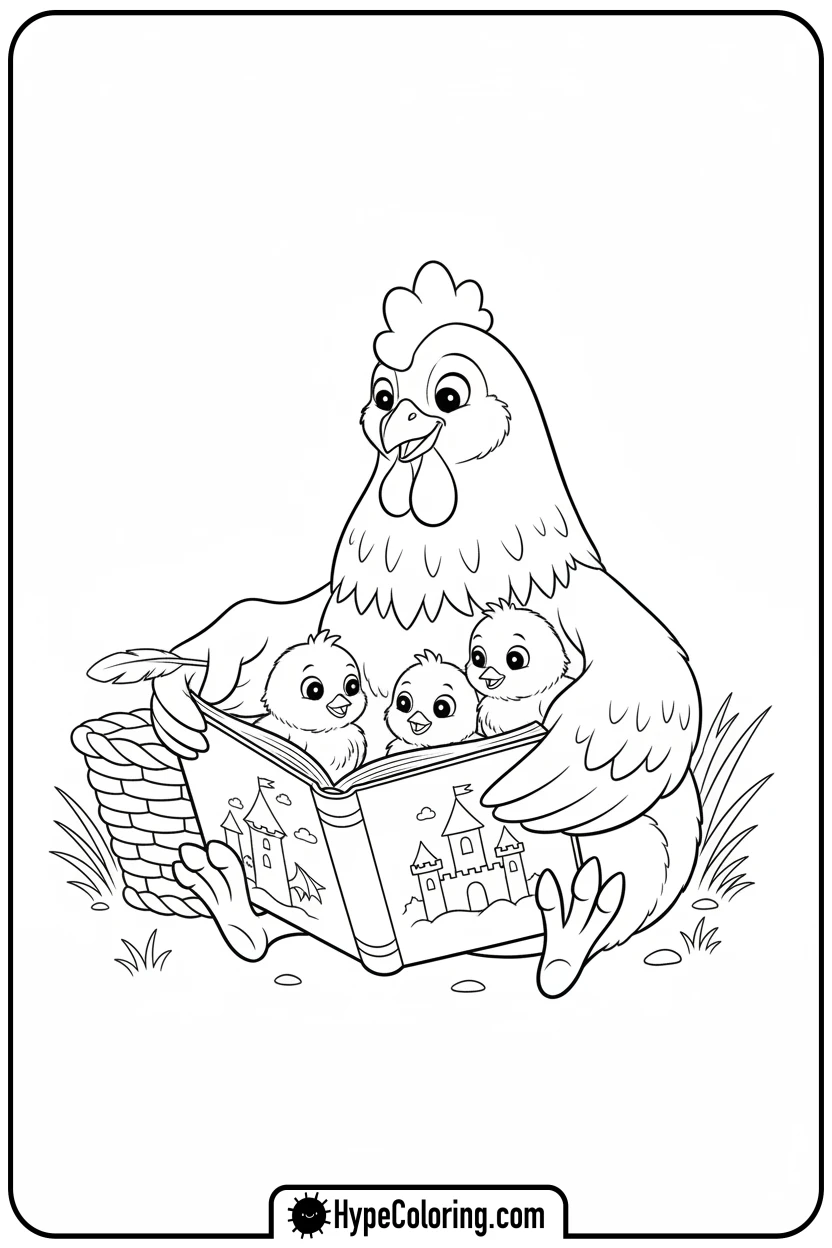 hen-reading-to-chicks - hen coloring page