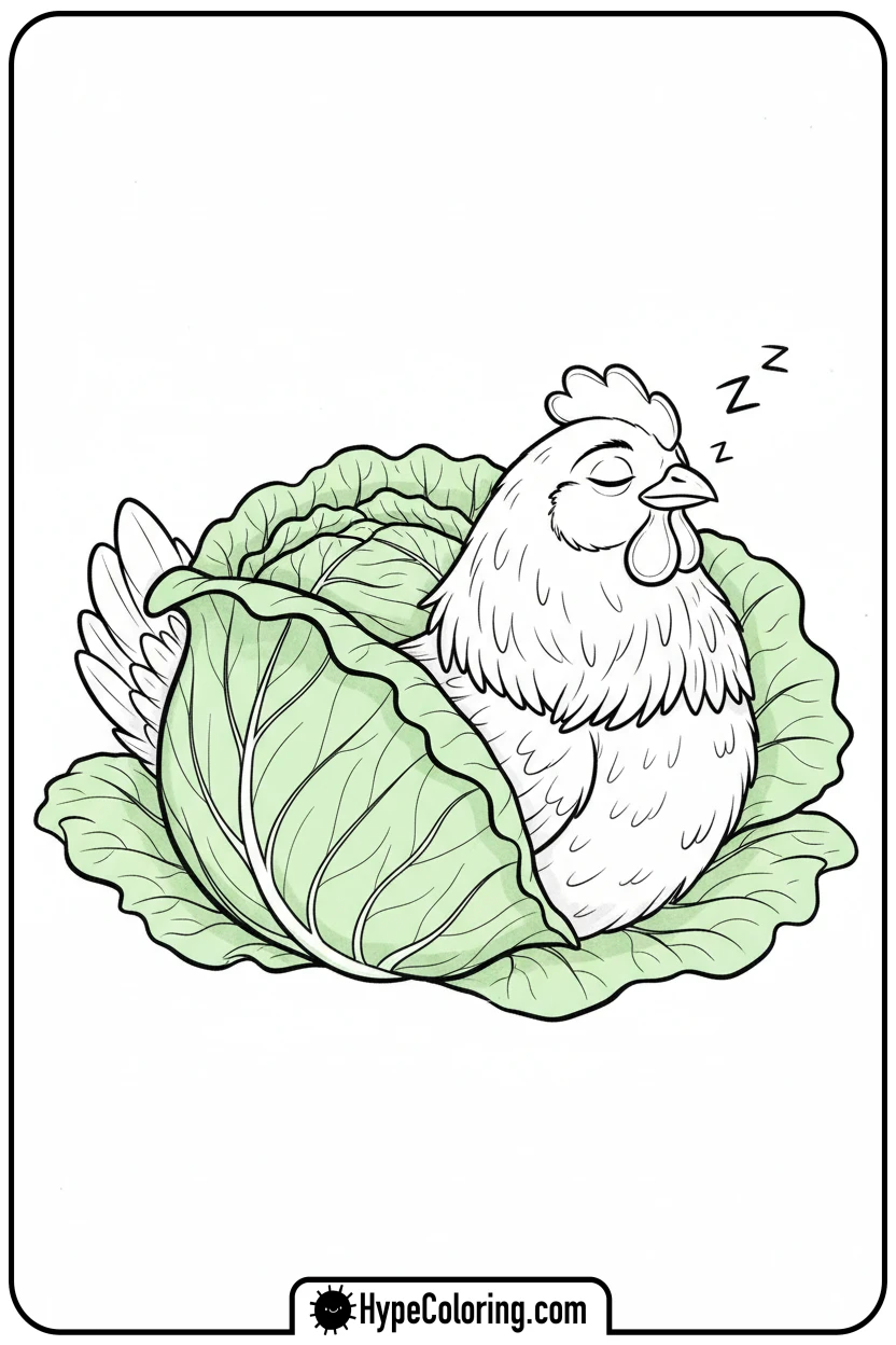 hen-napping-under-cabbage - hen coloring page
