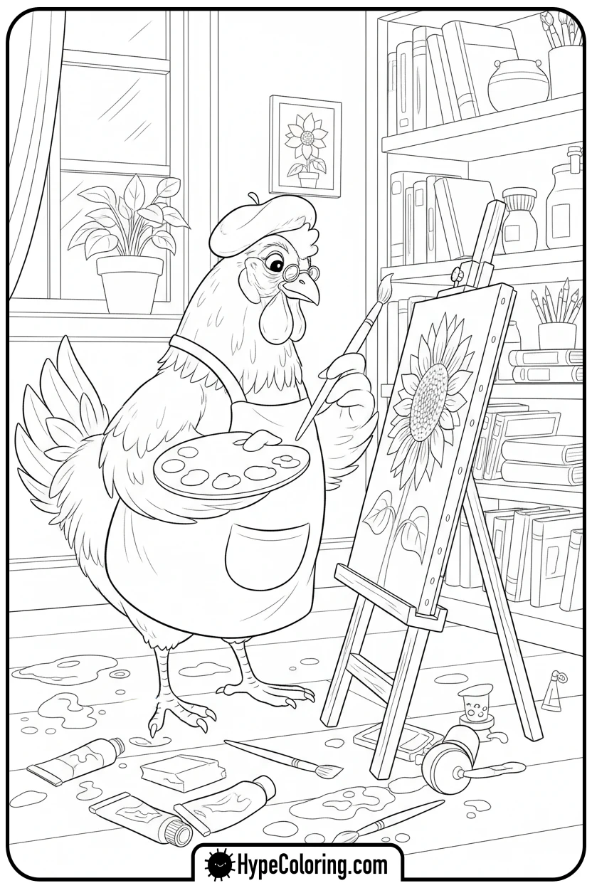 hen-painting-a-sunflower - hen coloring page