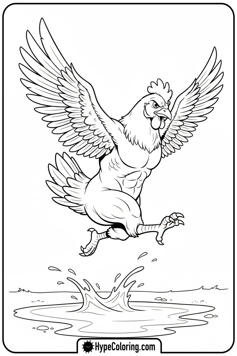 hen-jumping-over-puddle - hen coloring page