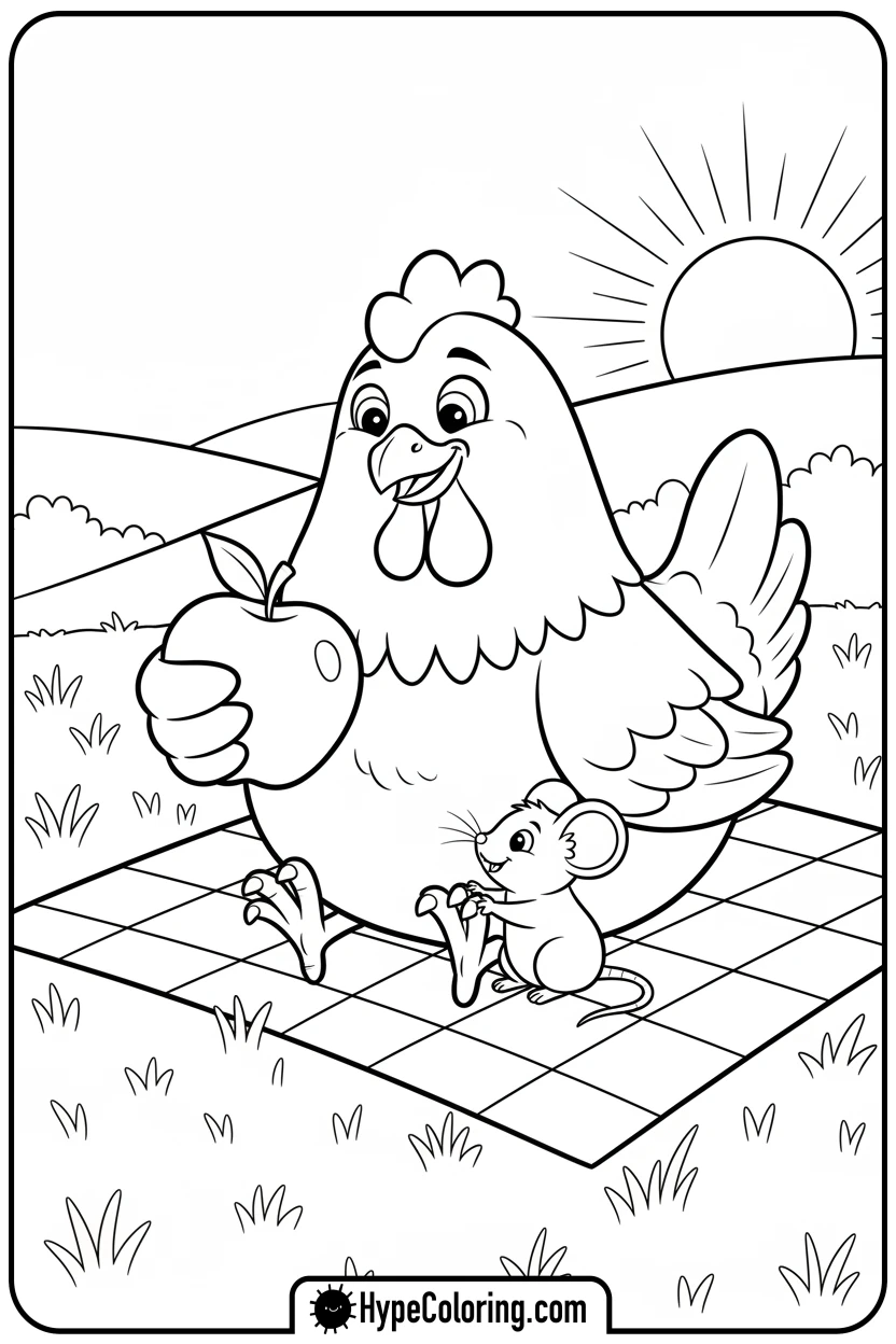 hen-sharing-apple-with-mouse - hen coloring page
