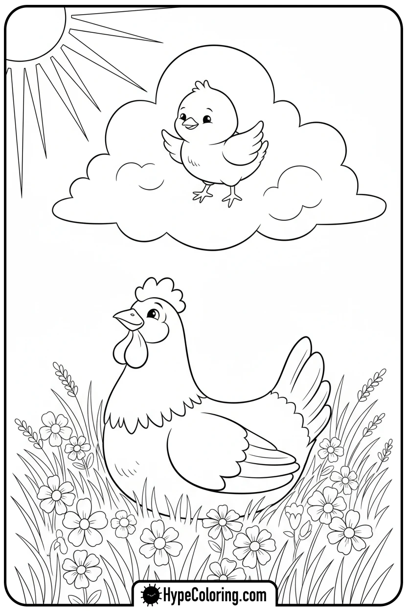hen-watching-cloud-chick - hen coloring page