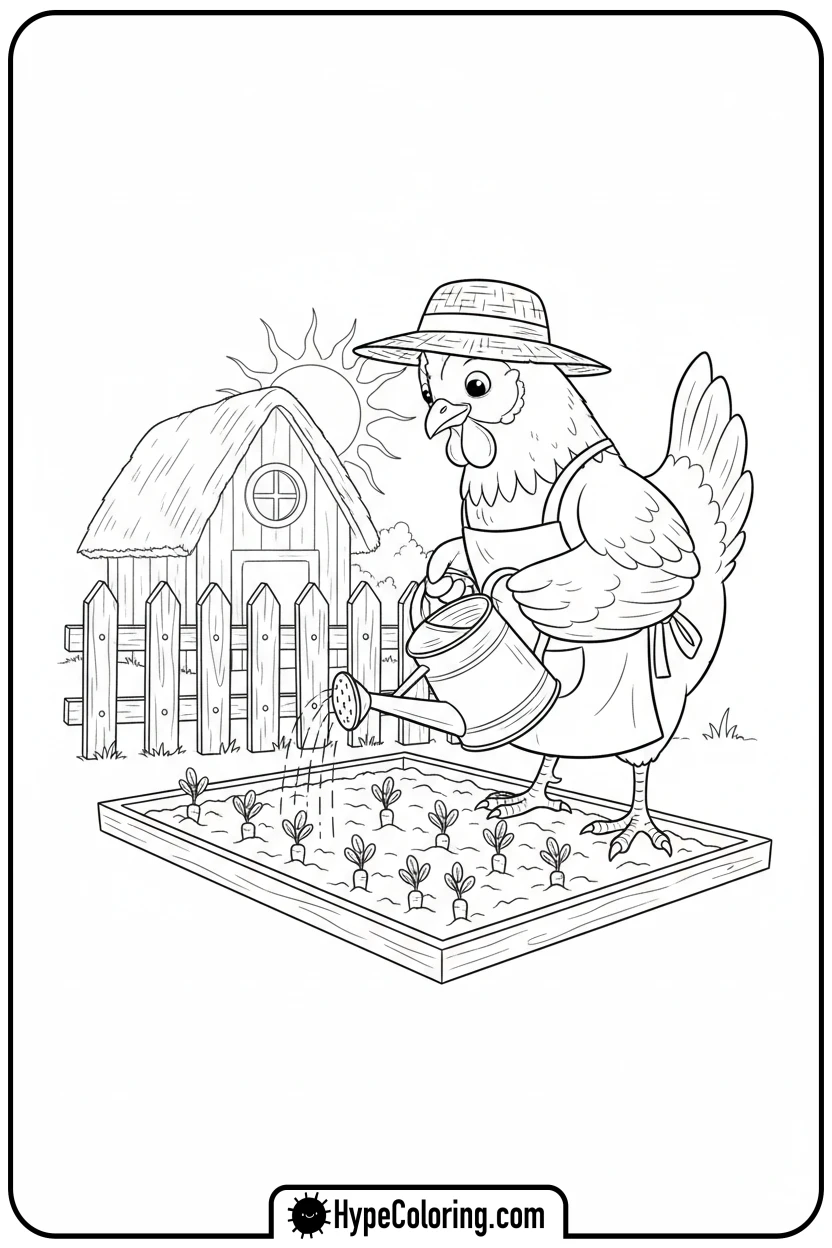 hen-watering-carrots - hen coloring page