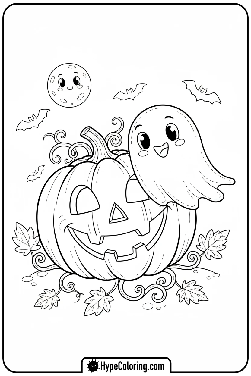 Click to download PDF jack-o-lantern-with-ghost - jack o lantern coloring page