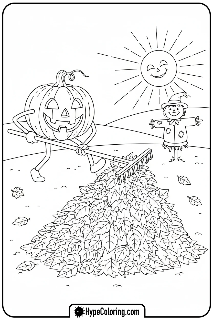 Click to download PDF jack-o-lantern-building-leaf-pile - jack o lantern coloring page