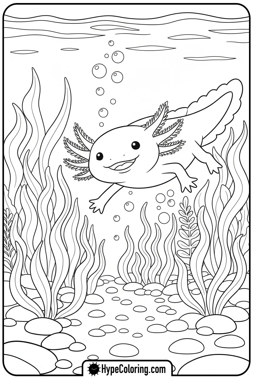 Click to download PDF axolotl-swimming-in-garden - axolotl coloring page