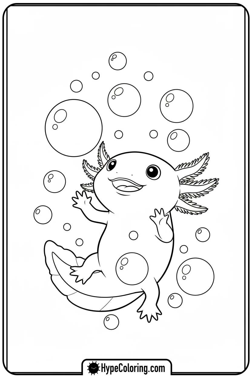 Click to download PDF axolotl-playing-with-bubbles - axolotl coloring page