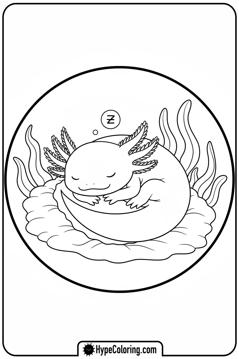 Click to download PDF axolotl-sleeping-on-algae - axolotl coloring page