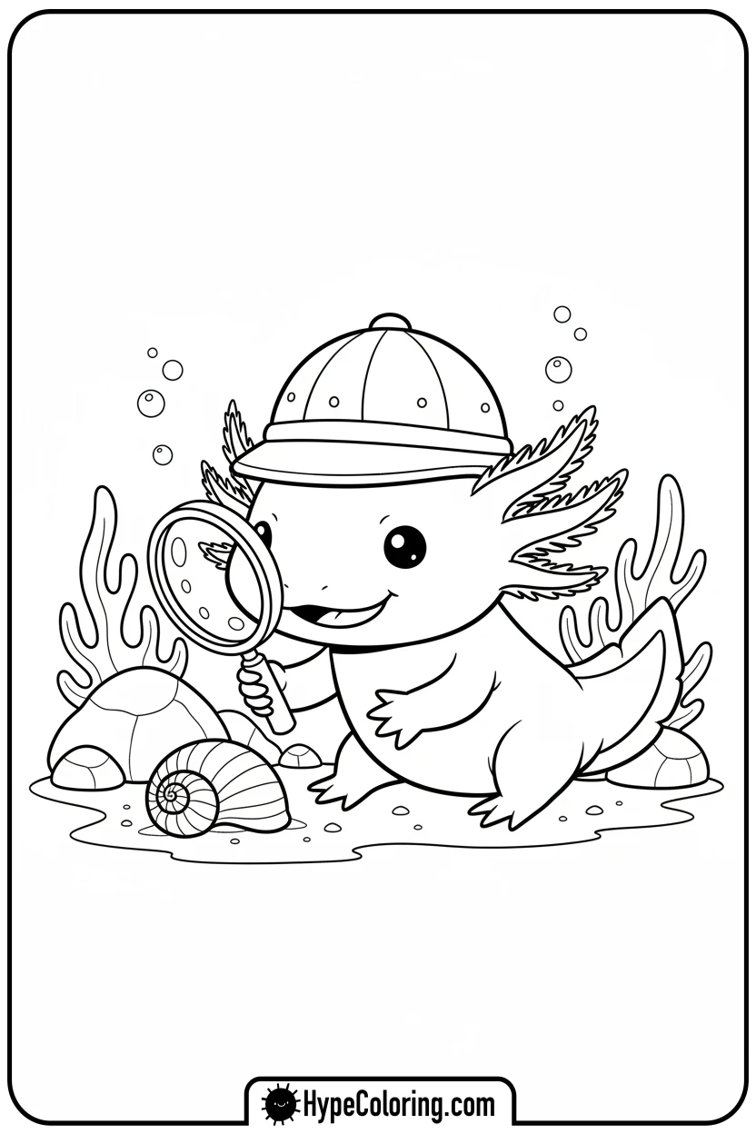 Click to download PDF axolotl-explorer-with-magnifying-glass - axolotl coloring page