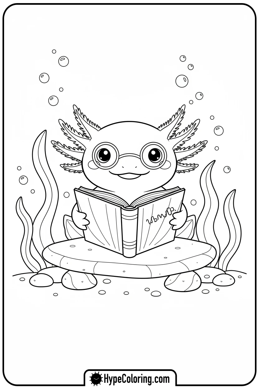 Click to download PDF axolotl-reading-seashell-book - axolotl coloring page