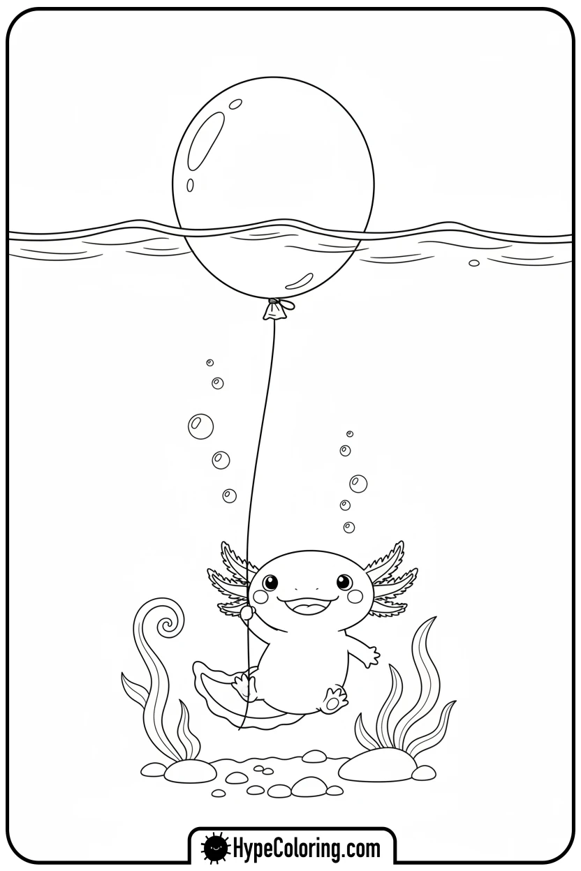 Click to download PDF axolotl-floating-with-balloon - axolotl coloring page
