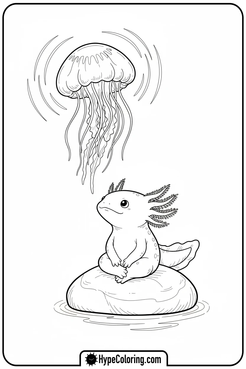 Click to download PDF axolotl-gazing-at-jellyfish - axolotl coloring page