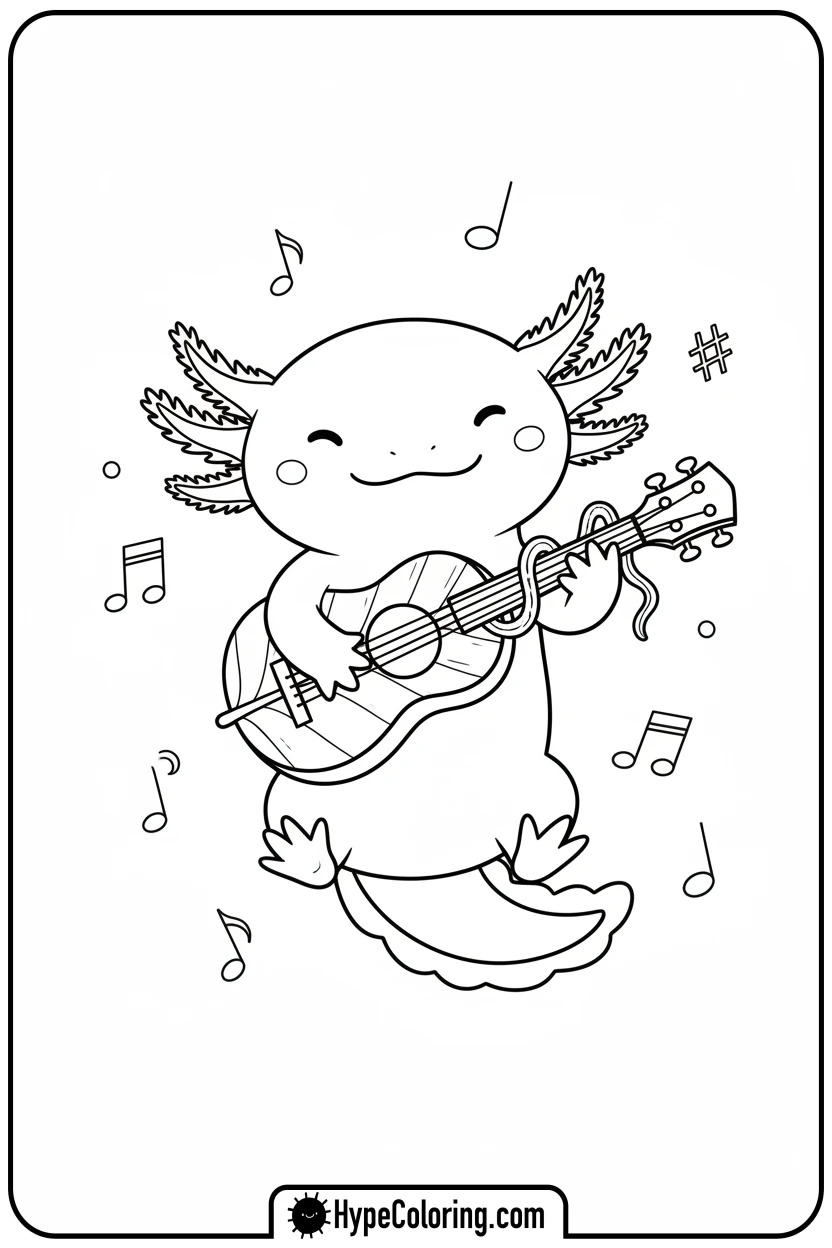 Click to download PDF axolotl-playing-ukulele - axolotl coloring page