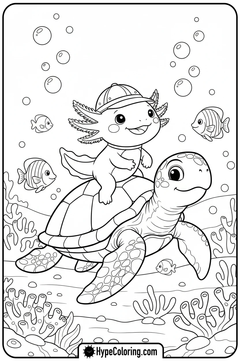 Click to download PDF axolotl-riding-turtle - axolotl coloring page