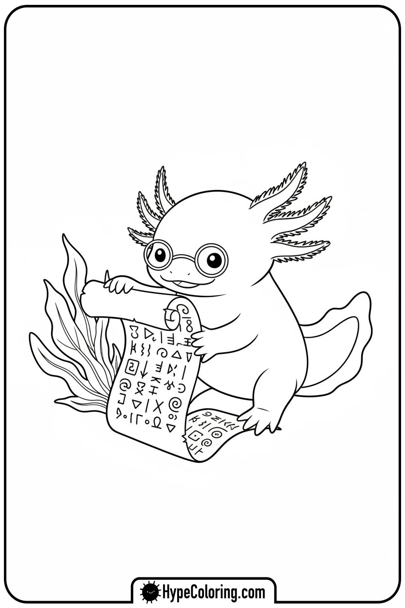 Click to download PDF axolotl-reading-a-scroll - axolotl coloring page