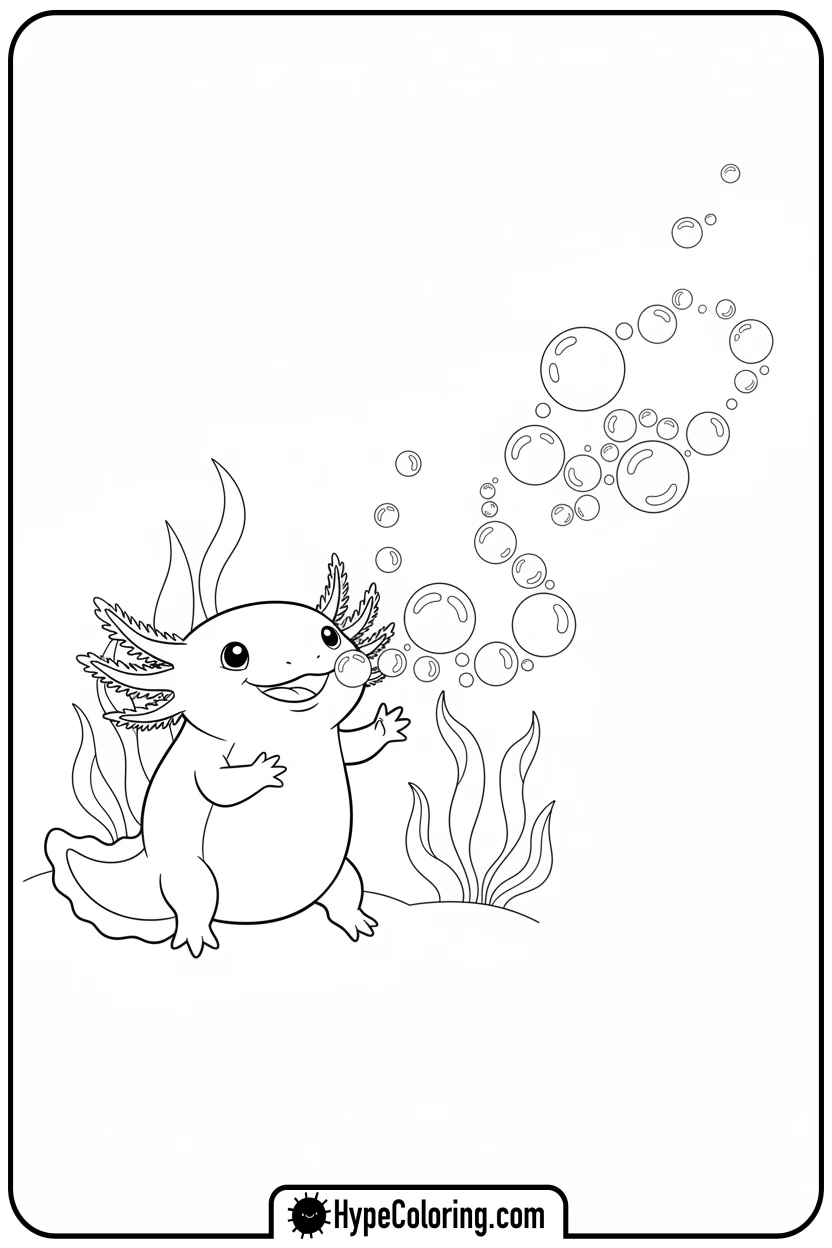 Click to download PDF axolotl-blowing-bubble-chain - axolotl coloring page