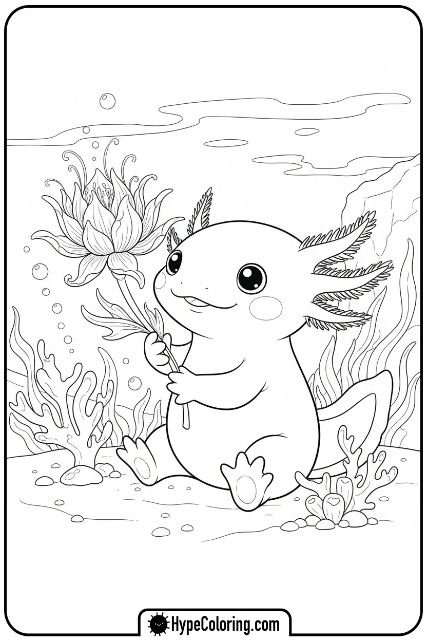 Click to download PDF axolotl-holding-a-flower - axolotl coloring page