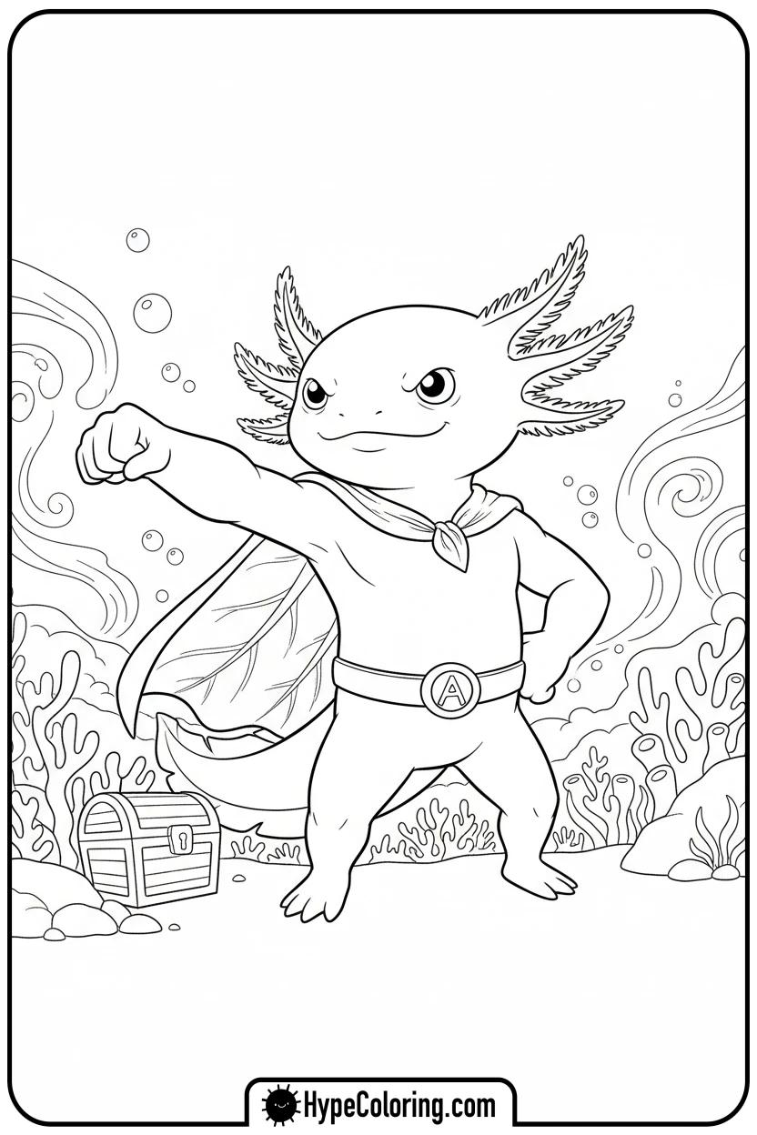 Click to download PDF axolotl-superhero-with-cape - axolotl coloring page