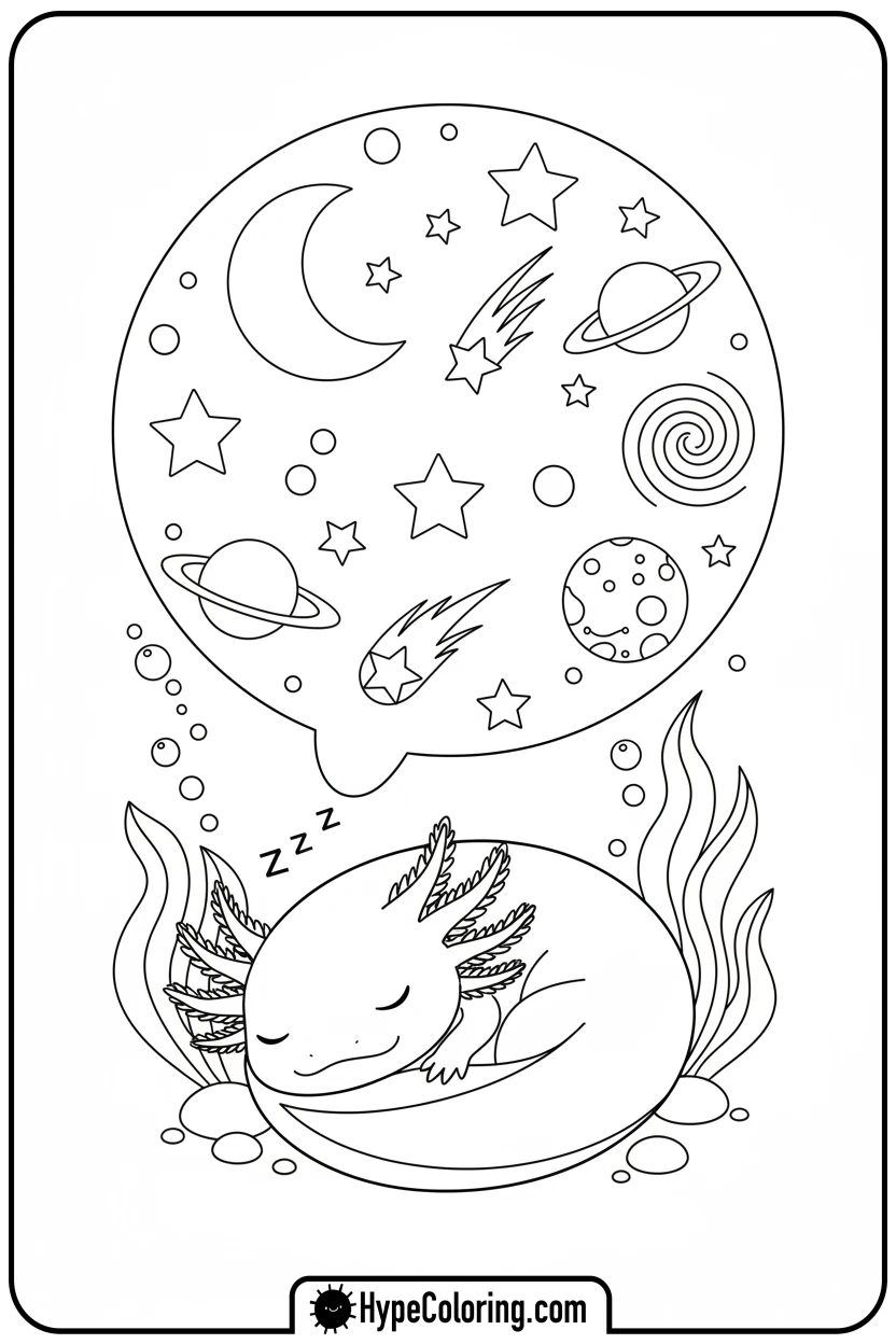 Click to download PDF axolotl-dreaming-of-stars - axolotl coloring page