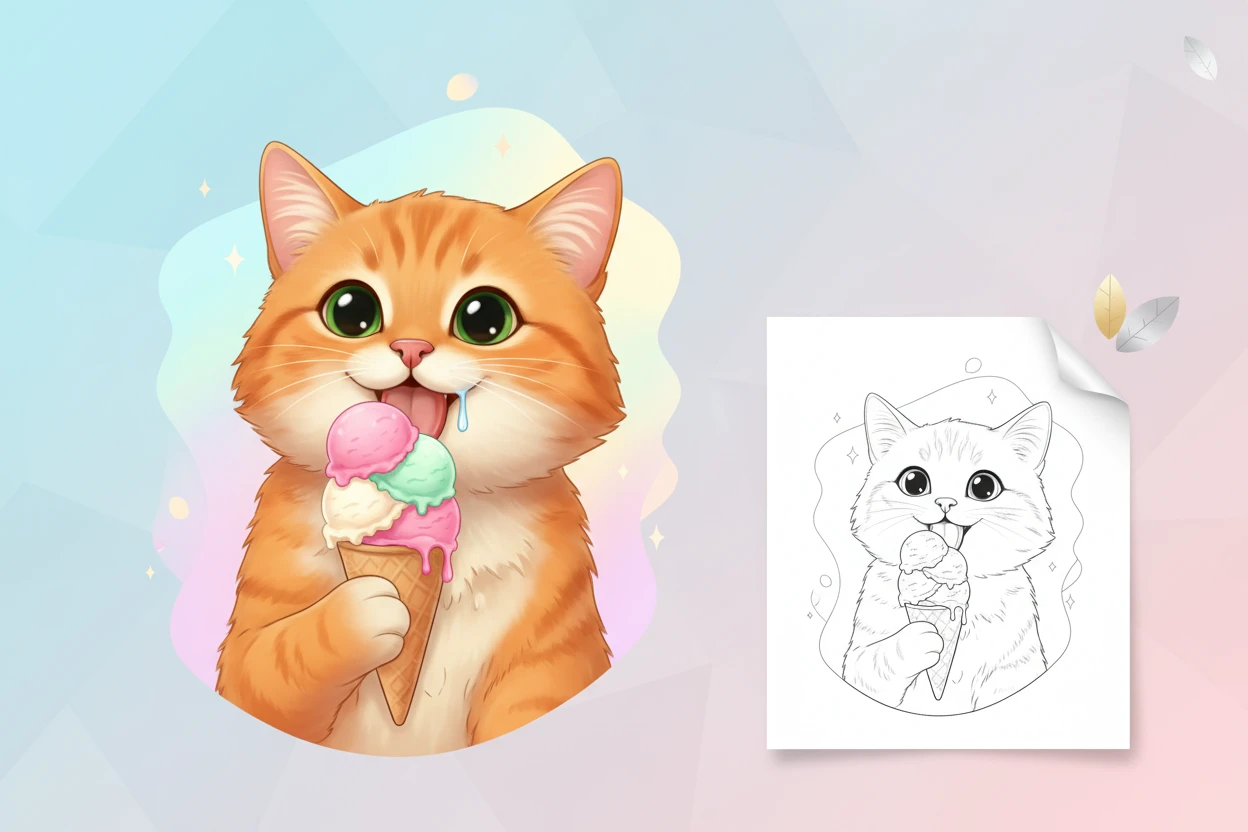sweet-kitty-licking-a-delicious - kitty coloring page