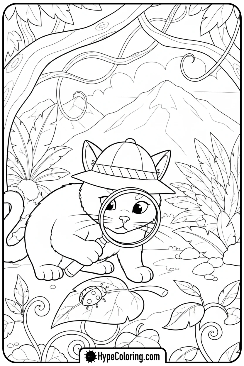 kitty-exploring-with-magnifyer - kitty coloring page