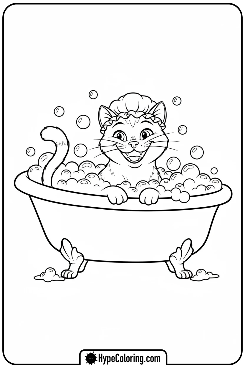 kitty-in-bubble-bath - kitty coloring page