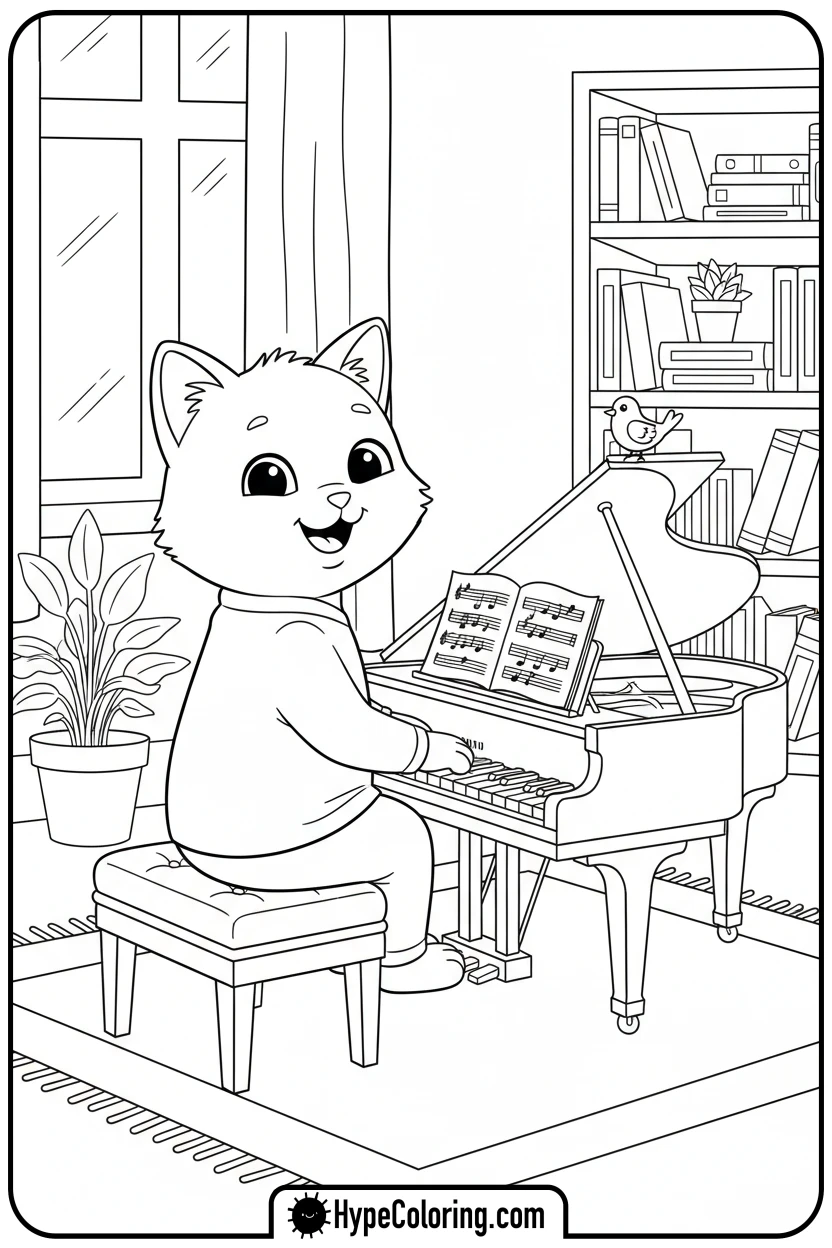kitty-playing-piano - kitty coloring page