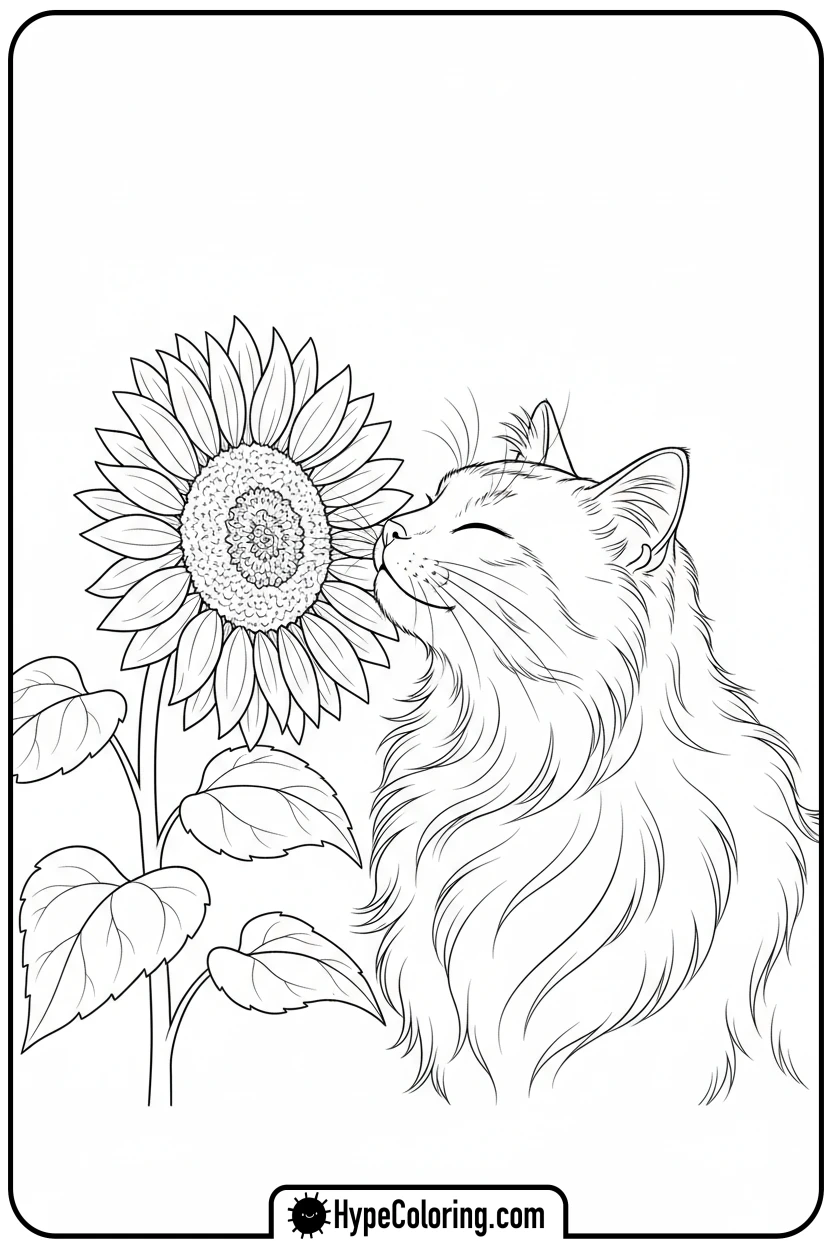 kitty-sniffing-sunflower - kitty coloring page