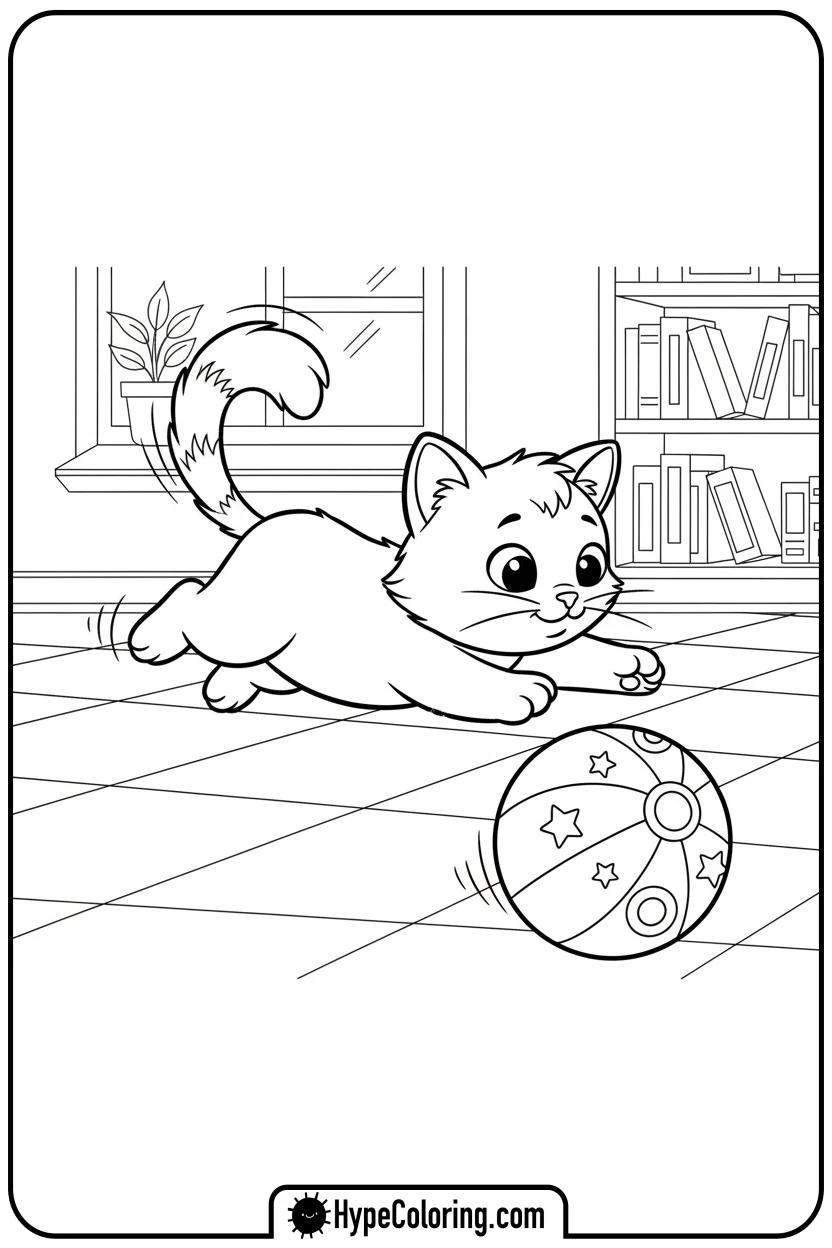 kitty-chasing-bouncy-ball - kitty coloring page