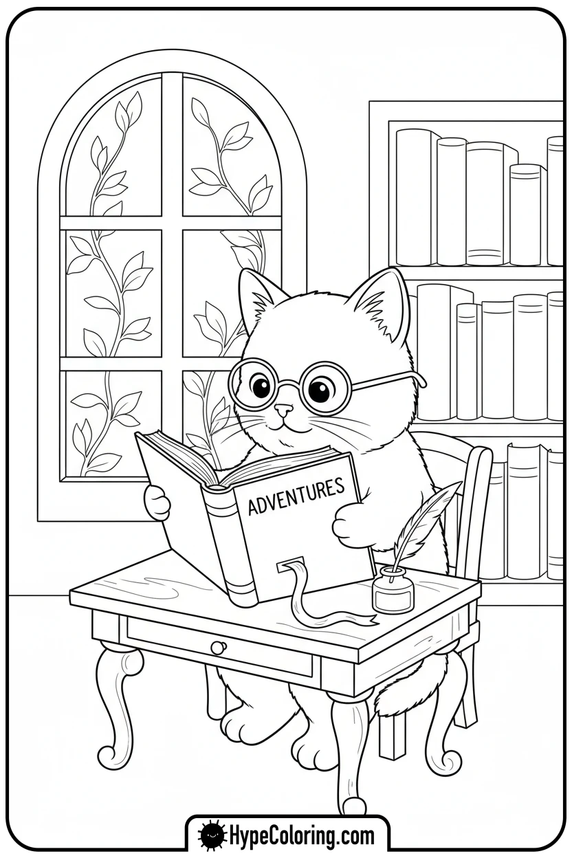 kitty-reading-book - kitty coloring page
