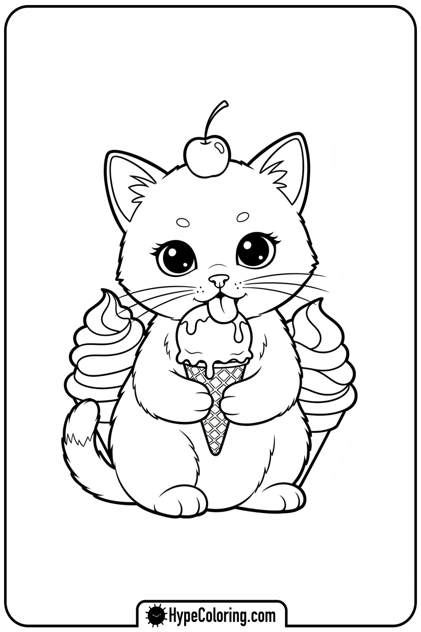 kitty-eating-ice-cream - kitty coloring page
