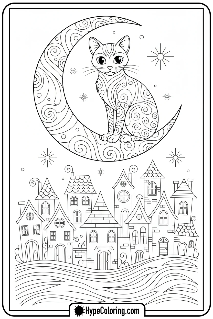 kitty-on-moon - kitty coloring page