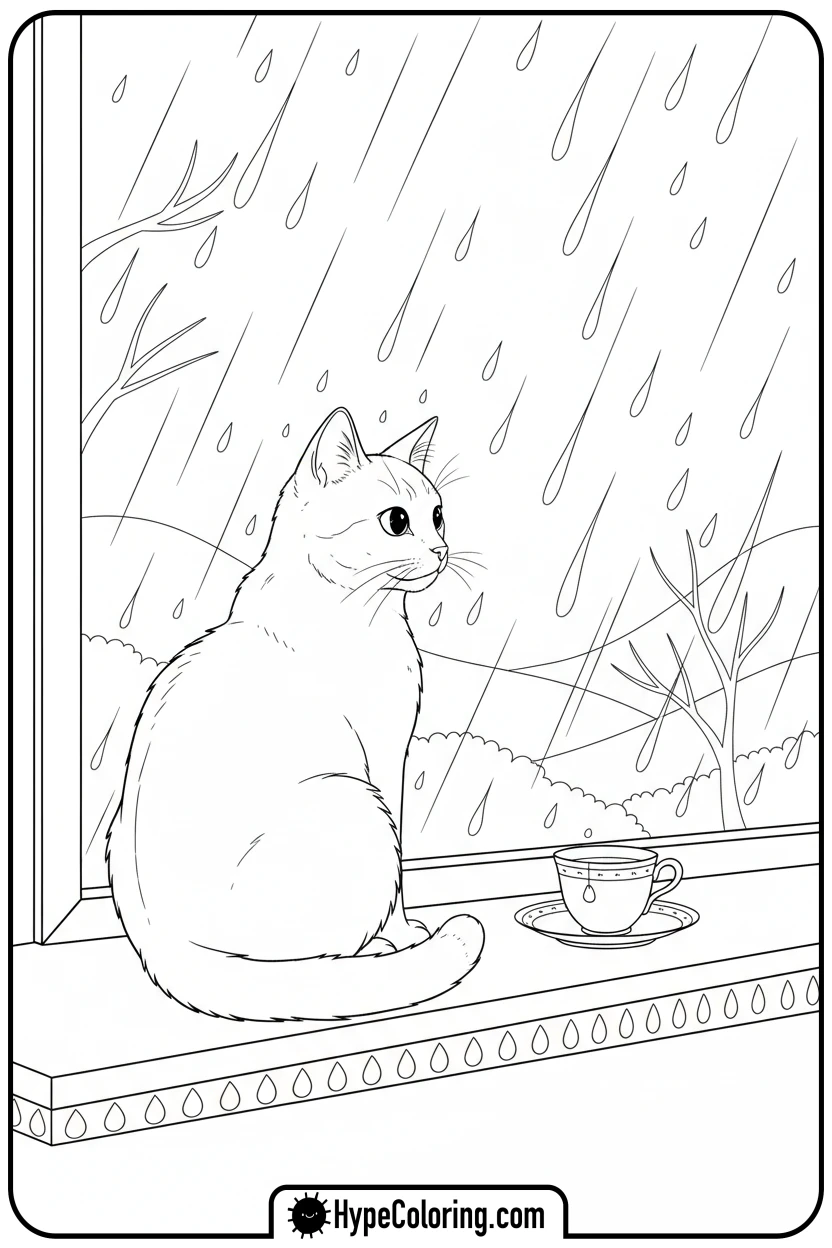 kitty-watching-rain - kitty coloring page