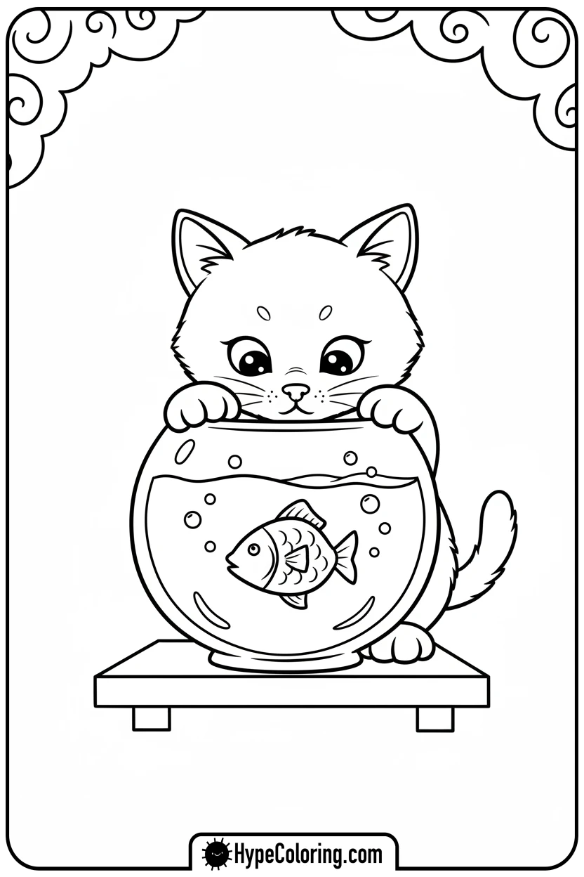 kitty-watching-fishbowl - kitty coloring page