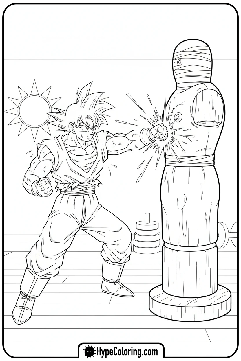 goku-punching-training-dummy - goku coloring pages